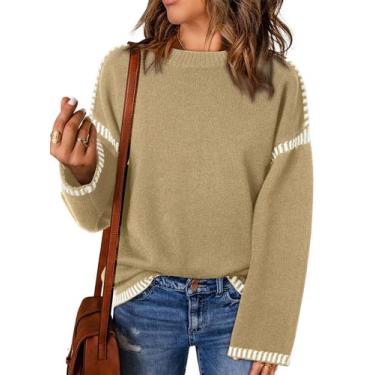 Imagem de Suéter Dokotoo Fall para mulheres, gola redonda, cáqui, tamanho GG