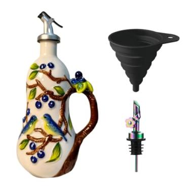 Imagem de Windefun Garrafa dispensadora de azeite de oliva de cerâmica de 500 ml, dispensador de óleo de relevo pintado à mão para cozinha, garrafas de óleo para cozinha (mirtilo)