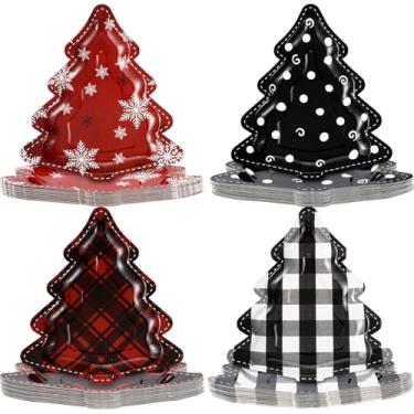 Imagem de Havawish 100 peças de pratos de papel de Natal descartáveis em forma de árvore de Natal pratos de festa 28 x 23 cm, prato de jantar xadrez de búfalo de Natal, suprimentos de festa para decoração de