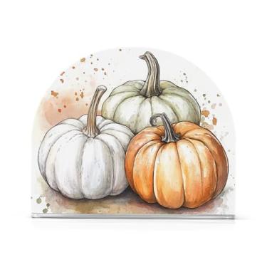 Imagem de YNNALE Suporte de guardanapo rústico de abóboras de outono para mesa porta-guardanapos de coquetel de acrílico stand up decorativo dispensador de guardanapos de papel de seda para casa cozinha sala de
