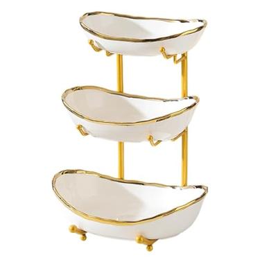 Imagem de jessie Tigelas de frutas de 3 camadas para balcão de cozinha, suporte de cesta de frutas grande de cerâmica, bandeja de metal para servir frutas, lanches e nozes, suporte de armazenamento de bolo