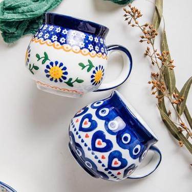 Imagem de Copo de barriga grande personalizado, canecas de café de cerâmica polonesa pintada à mão, 400 ml, design de corações florais azuis e brancos, conjunto de 2