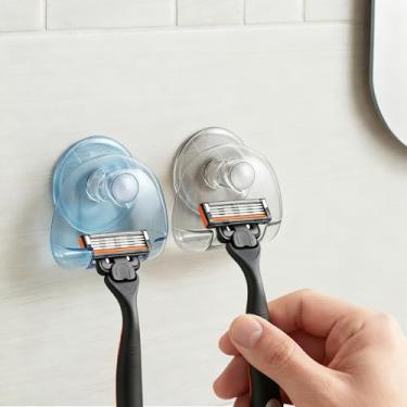 Imagem de 3 peças de suporte de lâmina de ventosa para parede de chuveiro, ganchos de barbear adesivos sem perfuração para chuveiros, suporte removível à prova d'água para banheiro, cozinha, barbeador