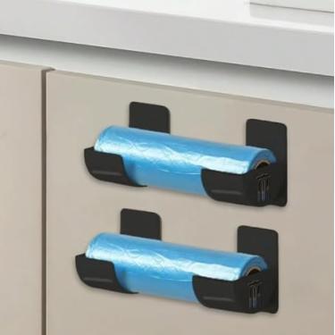 Imagem de Suporte de saco de lixo preto para cozinha – Pacote com 4 (2 pares) Suporte de saco de lixo adesivo montado na parede – Armazenamento de plástico multiuso para armário de cozinha, banheiro, entrada