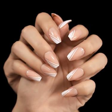 Imagem de Pregos de pressão de ponta de caixão elegantes médios reutilizáveis, pontas de unhas postiças femininas para mulheres, fáceis de aplicar, pontas falsas de manicure projetadas diariamente, Slide French