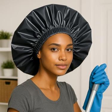 Imagem de Touca de banho extra grande EVA impermeável para mulheres, touca de banho de plástico super grande reutilizável para cabelos cacheados longos e grossos e tranças, protetor de chuveiro rápido (preto)
