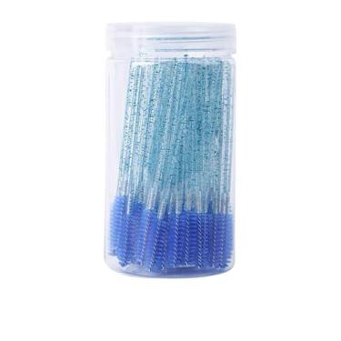 Imagem de 100 varinhas de rímel descartáveis, pincel de sobrancelha de cristal para extensões de cílios, pincéis de cílios rosa com recipiente, azul