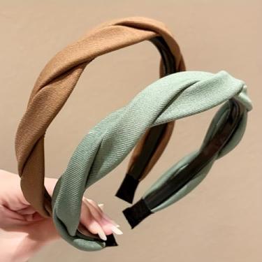 Imagem de Bandanas largas para mulheres, pacote com 2 faixas elásticas de cetim, lisas, simples, modernas, antiderrapantes, acessórios de cabelo - caramelo + verde escuro