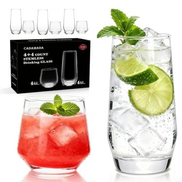 Imagem de Cadamada Conjunto de copos de bebida, 4 copos Highball 510 g e 4 copos de pedras sem haste 368 g, copos de vidro, conjuntos de copos para coquetéis, cerveja, vinho, uísque, água e sucos