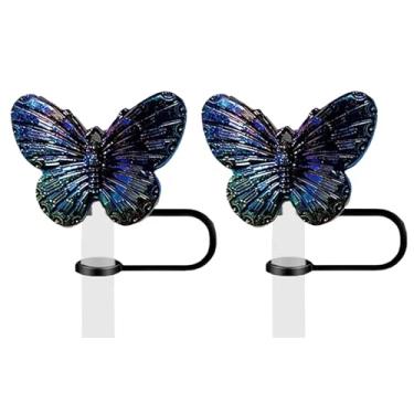 Imagem de 2 peças de tampas de palha de borboleta fofas pretas para copos, capas de canudo de silicone, acessórios de ponta de tampa reutilizáveis para copo Stanley