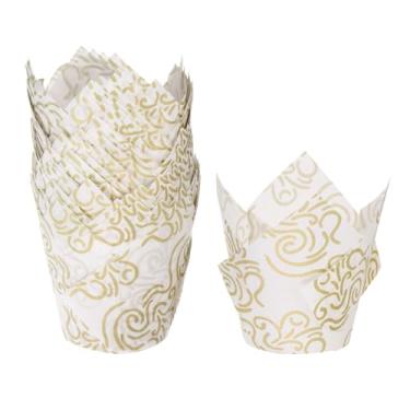 Imagem de Generic 50 peças de forros de cupcake de tulipa copos de papel padrão para assar embalagens à prova de gordura descartáveis para banquetes de aniversário, branco com padrão de fio dourado