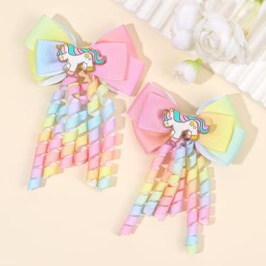 Imagem de 2 peças de laços de cabelo para meninas, acessórios de cabelo de gorgorão de unicórnio arco-íris com clipes de jacaré cauda longa para meninas de volta às aulas