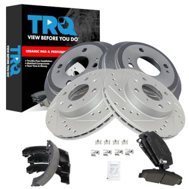 Imagem de TRQ Pastilha de freio dianteiro e traseiro e rotor, kit de sapata e tambor Desempenho de cerâmica revestido com G premium compatível com Honda Civic 1990-1995 1993-1997 Civic del Sol 1990-1991 CRX