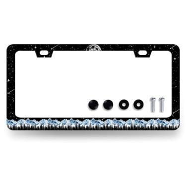 Imagem de Moldura para placa de carro Snow Mountain, céu estrelado, montanha, floresta, suporte universal de aço inoxidável, peças automotivas com 2 furos e parafusos 31 cm x 15,7 cm para decoração de carros