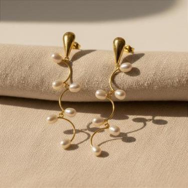 Imagem de Brinco Zig-Zag em Ouro 18k com Pérolas Naturais - Joia Elegante e Mode