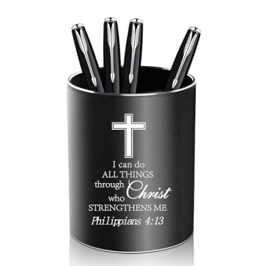 Imagem de Presentes cristãos, suporte de caneta de metal de alumínio para mesa, organizador redondo de mesa e copo preto para escritório, escola, casa e artigos de papelaria (Filipenses 4:13)