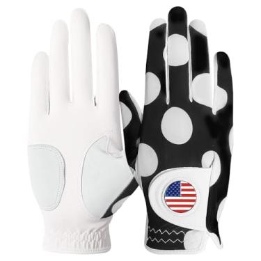 Imagem de Luva de golfe feminina com marcador de bola de chuva para mão esquerda e direita, pacote impresso de couro, luvas de golfe femininas para todos os climas, respirável, macio, tamanho pequeno, médio, grande GG (mod pont, médio desgastado na mão direita)