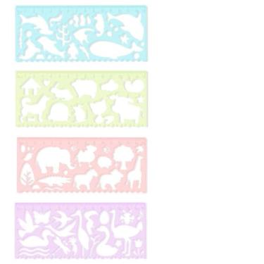 Imagem de 4 réguas multifuncionais com vários padrões fofos, régua de desenho de papelaria criativa para estudantes, 4 réguas multifuncionais com vários padrões fofos, estênceis de régua de desenho de papelaria