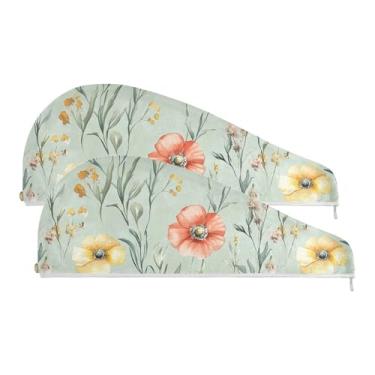 Imagem de SEHANY Toalha de cabelo de microfibra elegante flores verdes para mulheres 2 peças turbantes de cabelo de secagem rápida com botão, touca de cabelo seco absorvente toalha de secagem de cabelo para