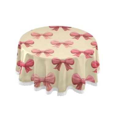 Imagem de SEHANY Toalha de mesa redonda com laço rosa de 152 cm, tecido lavável sem rugas, toalha de mesa decorativa de renda para restaurante, casamento, acampamento, festa de cinco de maio