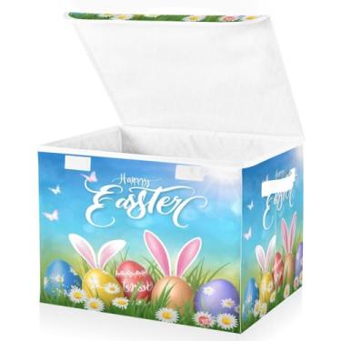 Imagem de Blueangle Caixas de armazenamento dobráveis 1 pacote, cestas de armazenamento de coelhinho de ovos de Páscoa em aquarela com tampas e alça para casa, quarto, armário e escritório (148)