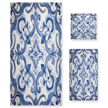 Imagem de Blueangle Conjunto de toalhas Azuis Vintage Azuis - 3 Peças de Toalhas de Banheiro Absorventes Macias para Spa e Decoração de Casa (Inclui Banheira, Toalha de Mão e Toalha) #281