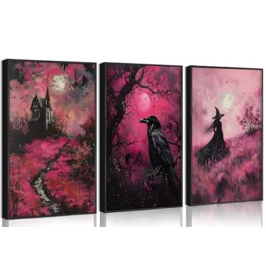 Imagem de 3 peças de arte de parede gótica Halloween rosa misterioso vintage bruxa e corvo lua castelo terror pintura imagem decoração de parede impressão em tela arte para apartamento quarto feminino decoração