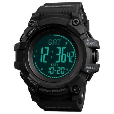 Imagem de Relógio esportivo digital masculino à prova d'água, bússola, ao ar livre, multifuncional, pedômetro, calorias, Preto, Casual