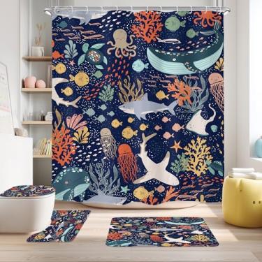 Imagem de Riyidecor Conjunto infantil de cortina de banheiro com 4 peças, tubarão, animal, oceano, baleia, oceano, conjunto de decoração de banheiro com tapetes e acessórios, tapete de tampa de vaso sanitário