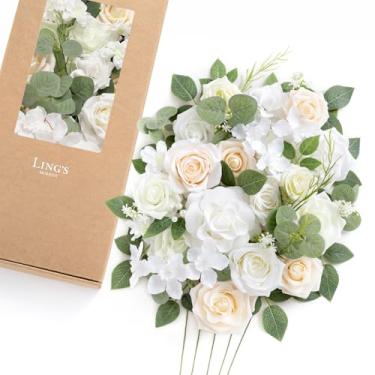 Imagem de Ling's moment Caixa de flores falsas, hastes artificiais artificiais de espuma, rosas e folhas de seda para centros de mesa, arranjos florais de casamento, chá de panela, branco e sálvia, combo de