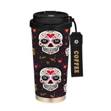 Imagem de STAYTOP Caneca de café colorida com isolamento de caveira de açúcar de 482 g, copo de café reutilizável de aço inoxidável com tampa flip à prova de vazamento à prova de vazamento para escritório