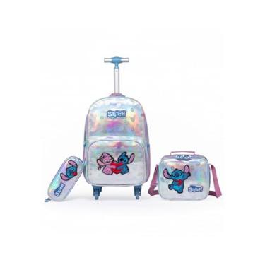 Imagem de Kit Mochila Rodinha Disney Lancheira Estojo Escolar Stitch