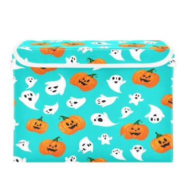 Imagem de Wassud Cestas de armazenamento de Halloween com tampas, abóboras de Halloween, fantasmas, caixotes dobráveis empilháveis de tecido, cestas de linho, recipiente organizador de armário 42 x 32 x 30 cm