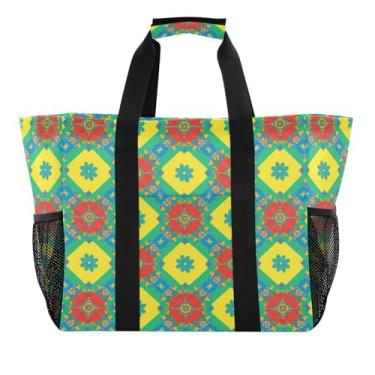 Imagem de Kigai Sacolas de mercearia reutilizáveis, lindos azulejos coloridos de cerâmica, grande, sacola de compras resistente à água, bolsa de piscina dobrável para roupas, sapatos e piqueniques