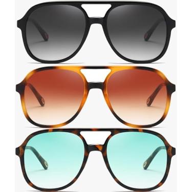 Imagem de (Pacote com 3) Óculos de sol aviador retrô para mulheres e homens, clássicos, anos 70, vintage, moderno, quadrado, aviadores, Preto brilhante + carapaça de tartaruga marrom + carapaça de tartaruga