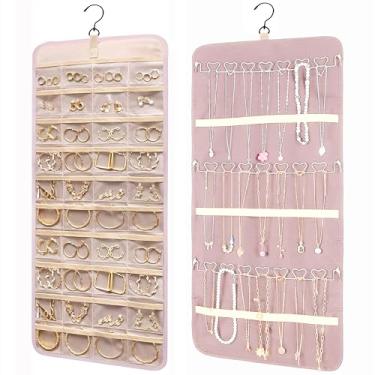 Imagem de LEISENOR Rolo organizador de joias pendurado com ganchos de metal suporte de joias dupla face para brincos, colares, anéis no armário, parede, porta rosa