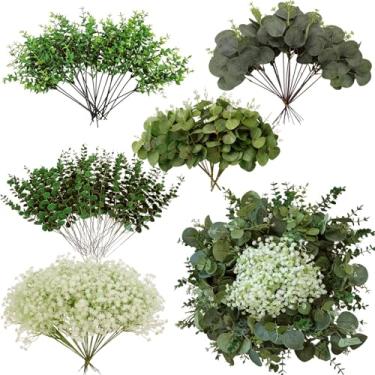 Imagem de Autokcan 150 pacotes de 5 tipos de hastes artificiais de eucalipto, hastes mistas de vegetação para casamento, flores artificiais a granel, galhos de planta de eucalipto falsos, folhas a granel para