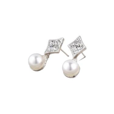 Imagem de Brincos femininos em forma de diamante com design brilhante de diamante falso e pérola, bonitos e exclusivos, adequados para o dia a dia e qualquer ocasião.