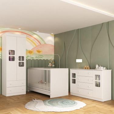 Imagem de Quarto De Bebê Completo Com Berço 3 Em 1 Para Colchão 130x60cm Brisa Multimóveis MP4529 Branco