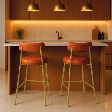Imagem de Banqueta Cozinha Média Com Encosto Industrial Dourado Kit 2 Londres Pu D03 - D'rossi Cor Nozes