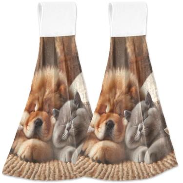 Imagem de TSENQUE Chow Chow Toalhas de mão para cachorro fofo gato filhote de cachorro com laço pendurado conjunto de 2 toalhas de chá de forno, conjunto decorativo de toalhas de cozinha ultra absorventes, 46 x