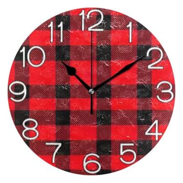 Imagem de GAIGEO Relógio de parede xadrez de búfalo vermelho preto analógico decorativo relógio de cozinha bonito estético silencioso sem tique-taque, arte de parede moderna legal decoração de casa, 25 cm