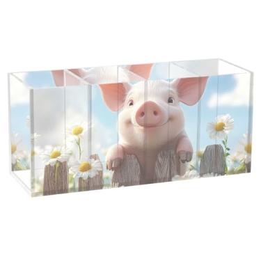 Imagem de TSENQUE Lindo porta-canetas de porco margarida floral para mesa de arte com marcador engraçado, suporte de pincel de acrílico, copo de lápis estacionário