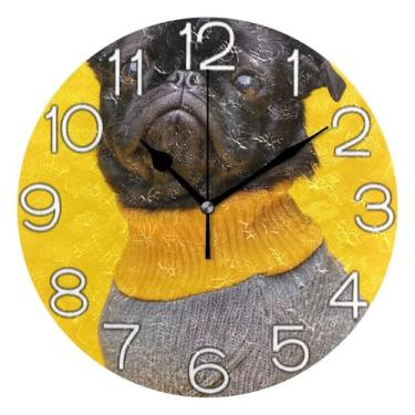 Imagem de GAIGEO Relógio de parede analógico decorativo estético silencioso sem tique-taque quarto relógio de cozinha, arte de parede moderna legal decoração de casa, cachorro fofo preto amarelo, 25 cm
