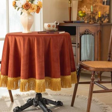 Imagem de F-CHU Toalha de mesa luxuosa laranja queimada grossa de veludo com lindas borlas douradas vintage toalha de mesa para decoração de casa, casamento, festa, banquete e eventos, redonda de 122 cm