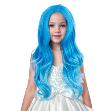 Imagem de Edivd Peruca Azul Ombré Para Crianças, Longa Mista, Leve, Parte Média, Ondulada, Cacheada, Sintética Resistente Ao Calor, Com Touca