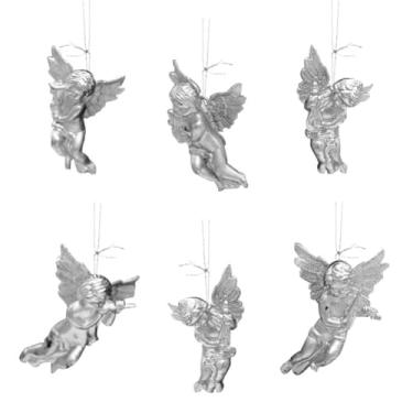 Imagem de 6 peças de enfeites de Natal de anjo para árvore, enfeites de Natal rústicos para pendurar em casa de fazenda, decorações de anjo brancas para inverno, casa, fazenda, interior, festa, presente