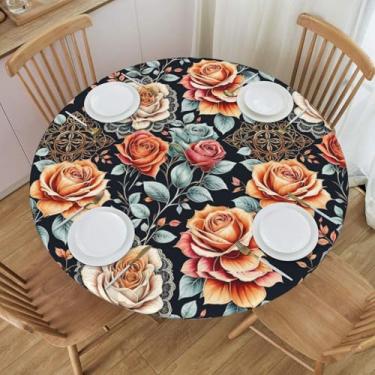 Imagem de BOXIMIAO Toalha de mesa redonda vintage rosa flor com borda elástica toalha de mesa impermeável reutilizável para férias, cozinha, festa, pátio, M (114-127 cm)