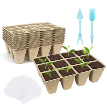 Imagem de GCVOPTON Pacote com 10 vasos de turfa, bandejas biodegradáveis para iniciantes de 120 células, vasos de turfa para mudas, kit inicial de sementes para plantar sementes com 20 etiquetas de plantas para