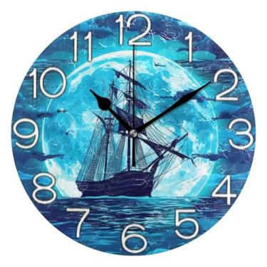 Imagem de GAIGEO Relógio de parede analógico decorativo redondo sem tique-taque silencioso relógio de cozinha rústico, retrô moderno art déco decoração de parede navio oceano azul noturno, 25 cm, ponteiros